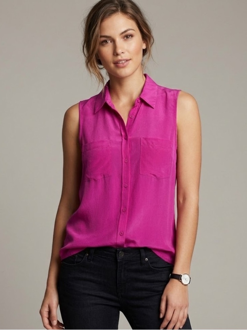 Guess Sleeveless Silk Button Down Top | Size Small